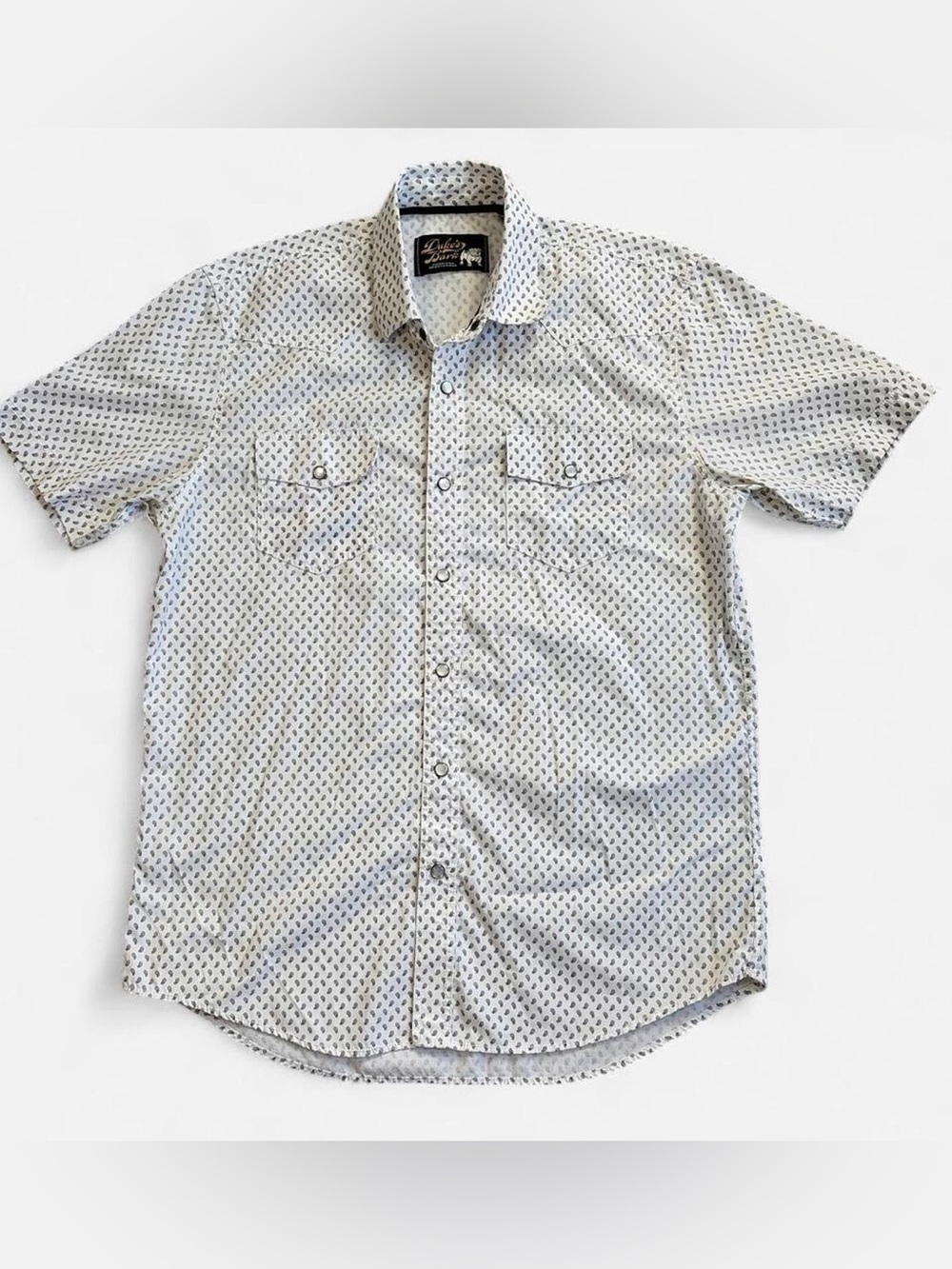 American Sportswear Duke’s Bark White Short-Sleeve Button-Down with Gray Print